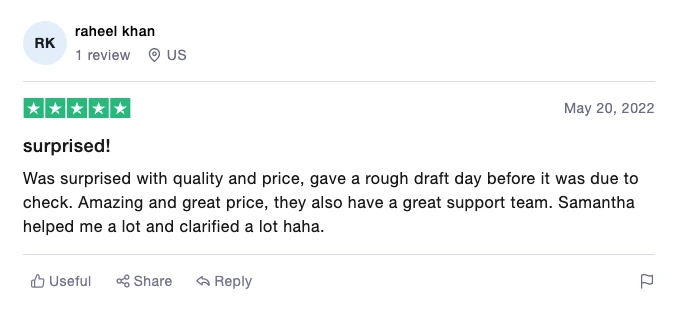 Customer feedback screenshot